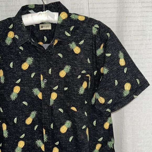 HAGGAR XXL Black Ivory Pineapple Lime Short Sleeve Button Front Shirt - Picture 4 of 10